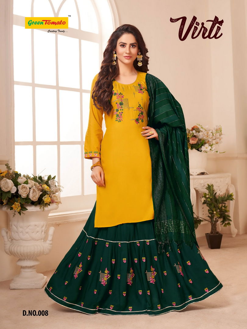 Master Virti Designer Latest Heavy Rayon Top With Embroidery Work Kurti With Skirt And Fancy Dupatta Collection